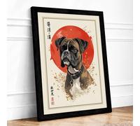 Boxer in Red Circle Japandi Framed Wall Art Print A3 Black