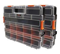 Boxer® Organiser Box with 15 Compartments - 2 Pack | Heavy-Duty Plastic Tool Box with Adjustable Dividers 37.4x29.4x6.6 cm - Black/Orange/Clear Storage Case for Small Parts & DIY Tools