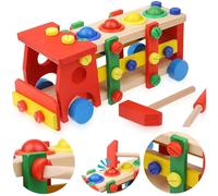 Boxiki kids Take apart Wooden Toy Truck - Fine Motor Skills Stem Toys w/Pound and Roll Balls & Toy Hammer - Montessori Wooden Toys - Building & Construction Toys for 3 Year Olds Boys & Girls (Red)