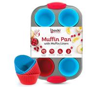 Boxiki Kitchen Non-Stick Steel Jumbo 6 Cup Muffin Pan with Silicone Handles and Reusable Liners - Perfect for Baking Large Muffins and Cupcakes