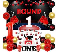 Boxing 1st Birthday Party Decorations, Round 1 Backdrop - Round One Cake toppers & Highchair Banner Champion Trophy Balloons for Boxing Match Sports Theme One Year Old Birthday Party Supplies