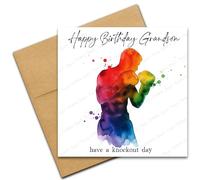 Boxing Birthday Card for Grandson, Happy Birthday Card for Boxer, Have a Knockout Day, Colourful Abstract Male Boxer for Him