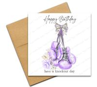 Boxing Birthday Card, Happy Birthday Card for Boxer, Have a Knockout Day, Lilac Boxing Gloves for Her