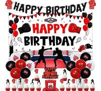 Boxing Birthday Decorations Fight Sports Wrestling Boxer Theme Party Supplies for boys 1 2 3 4 5 Year Old, Black-Red Balloons Backdrop Glitter Cake Toppers