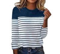 Boxing Day Bargains Winter Jumpers for Women UK Women's Autumn And Winter New Long Sleeve Stripe Two Color Printed Spliced Round Neck Top Christmas Deals Clearance (Blue, XL)