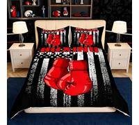 Boxing Duvet Cover Set Double Size, Red Boxing Gloves Bedding Set 3pcs for Kids Boys Teens Bedroom Decor, American Flag Comforter Cover White Stars Stripe Print Quilt Cover with 2 Pillowcases