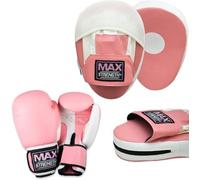 Boxing Gloves and Focus Pads Set | Sparring Kit | Hook & Jab Target Mitts with Punching Gloves | Focus Pads for Muay Thai, Kickboxing, Martial Arts, Karate, MMA Training (Pink/White, 12oz)