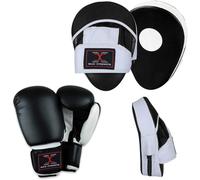 Boxing Gloves and Focus Pads Set | Sparring Kit | Hook & Jab Target Mitts with Punching Gloves | Focus Pads for Muay Thai, Kickboxing, Martial Arts, Karate, MMA Training (Black/White, 6oz)
