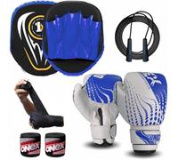 Boxing gloves and pads set Focus Punch Mitts MMA Training Sparring Hook and Jab strike Pads for Boys & Girls target with Punching Gloves (BLACK/BLUE SET)