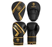Boxing gloves and pads set Focus Punch Mitts MMA Training Sparring Hook and Jab strike target with Punching Gloves (Black/Matte Gold, 8 oz)