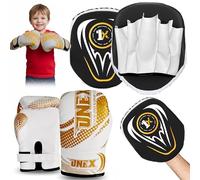 Boxing Gloves & Focus Pads Set 2oz Kids Boxing Gloves & Hook and Jab Pads for Training, Kickboxing, Muay Thai, Punch Bag, Sparring, MMA, Martial Arts, Taekwondo, Home & Gym Workout Equipment (GOLD)
