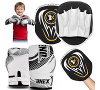 Boxing Gloves & Focus Pads Set 2oz Kids Boxing Gloves & Hook and Jab Pads for Training, Kickboxing, Muay Thai, Punch Bag, Sparring, MMA, Martial Arts, Taekwondo, Home & Gym Workout Equipment (BLACK)