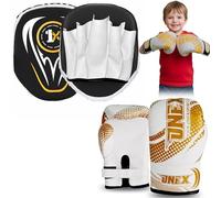 Boxing Gloves & Focus Pads Set - 6oz 4oz 2oz Gloves Hook & Jab Pads for Training, Kickboxing, Muay Thai, Punching, Sparring, MMA, Martial Arts, Taekwondo, Home & Gym Workout (GOLD, 2oz)