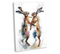 Boxing Hare Wall Art Canvas Print - Framed Watercolour Nature Painting - Wildlife Animal Theme Home Decor Picture (40x25cm / 16x10inch)