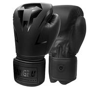Boxing Training Gloves for Muay Thai, LangRay Leather Boxing Fight Gloves, Kickboxing Punch Bag Gloves, Sparring Heavy Bag Workout MMA Gloves for Men & Women,Black 12oz