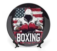 Boxing U.S. Flag Printed Bone China Decorative Plate Ceramic Decorative Plate with Display Stand for Home Wall Decor