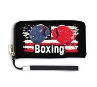 Boxing U.S. Flag Women's Bifold Wallet Leather Card Holder Purse Fashion Clutch Handbag with Hand Rope 20.0 * 10.5cm