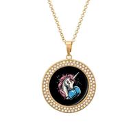 Boxing Unicorm Boxer Round Pendant Necklace Diamond Edging Brilliant Personalized Jewelry Gifts for Women Golden-style