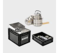 BOXIO - COOK Max+: Camping Stove Complete Set with Storage, Wind Protection, Camping Pot Set & Camping Utensils, Gas Cartridge Camping Stove for Camping, Outdoor, Vanlife & as Cartridge Stove