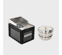 BOXIO - Cook Plus: Camping Stove Starter Set with Storage Space, Wind Protection & Camping Pot Set, Gas Cartridges Camping Stove for Camping, Outdoor, Vanlife & as a Cartridge Stove