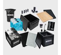 BOXIO - Kitchen bundle: Mobile camping kitchen without electricity with cooking box, sink and gas stove with outdoor accessories, chopping board, ice packs, seat cushion and much more. Perfect
