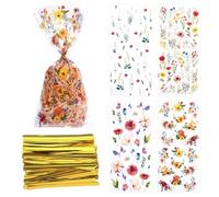 BOXOB 100pcs Floral Flower Cookie Bags, 4 Styles Wildflower Party Plastic Clear Goodie Bags with Cable Ties Candy Biscuit Gift Favor Packaging Decor Supply for All Parties Decorations