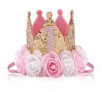 BOXOB 1st Birthday Crown for Girls, Pink & Gold Glittery Princess Hat Baby Photo Booth Props Felt Toddler Headband for Cake Smash & Milestone Celebration