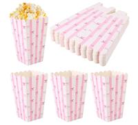 BOXOB 24pcs Pink Bow Popcorn Boxes, Small Snack Treat Bucket Cookie Candy Bowls Popcorn Cones Bags for Boys Girls Birthday Party Favor Supplies (White & Pink)