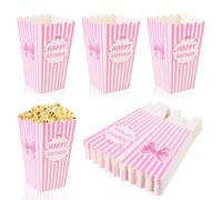 BOXOB 24pcs Pink Bow Popcorn Boxes, Small Striped Popcorn Bags Mini Sweet Bucket Happy Birthday Paper Cones Candy Snack Tray Containers for Movie Night Accessories Girls Sleepover Party Favor Supplies