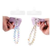 BOXOB 2pcs Beaded Phone Wrist Strap, Crystal Stone Cell Phone Lanyard Chain for Women Anti-Loss Wristlet Bracelet Sparkling Charm Strap for Wallet Camera (Purple, White)