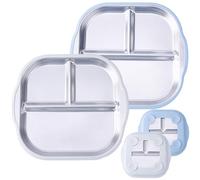 BOXOB 2pcs Stainless Steel Baby Plates with Suction Belt, 3 Partitions Divided Baby Plates Non-Slip Metal Toddler Bowls Partitioned Kid Food Tray, Prevent from Spilling & Flipping Accessories