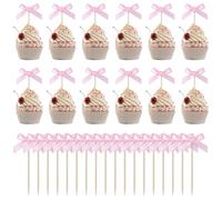 BOXOB 30pcs Pink Bow Cupcake Toppers, Bow Cupcake Picks Ribbon Bowknot Cake Decorations for Girls Birthday Baby Shower Coquette Theme Parties