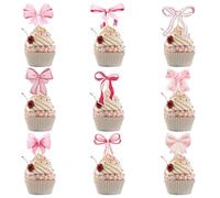 BOXOB 36pcs Pink Bow Cupcake Toppers, Bowknot Birthday Decorations Coquette Bow Cake Picks for Wedding Baby Shower Bachelorette Party Supplies
