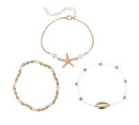 BOXOB 3pcs Shell Ankle Bracelets Set, Stretchable Boho Gold Seashell Ankle Bracelets for Women Elegant Pearl Gifts Summer Beach Foot Jewelry for Vacation Seaside Party (Style 1)