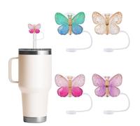 BOXOB 4pcs Butterfly Straw Cover Cap for Stanley Cup Accessories, 10mm Cute Glitter Water Bottle Drinking Straw Toppers Silicone Tips Protectors for Tumbler 40&30oz