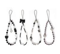 BOXOB 4pcs Crystal Beaded Phone Charms, Black Cell Phone Wrist Strap Beaded Phone Lanyard Phone Charms Strap Keychain Bracelet Wristlet for Women Camera Key Purse Bag