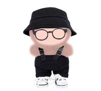 BOXOB 4pcs Doll Clothes Set, Stylish Bucket Hat Bib Overall Shoes & Glasses Complete Outfit Set for 15cm/17cm Plush Blind Box Doll Accessories (Black)