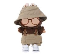 BOXOB 4pcs Doll Clothes Set, Stylish Bucket Hat Bib Overall Shoes & Glasses Complete Outfit Set for 15cm/17cm Plush Blind Box Doll Accessories (Khaki)