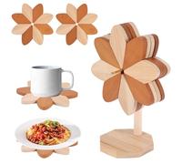 BOXOB 4pcs Wooden Trivets for Hot Dishes, Dual-Color Heat-Resistant Wood Tree Coasters Hot Pads for Kitchen with Stand & Pillar Wooden Kitchen Accessories