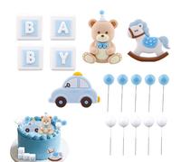 BOXOB Blue Bear Cake Decoration, Cake Topper Set Baby Shower and Birthday Decorations with Bear Rocking Horse Car Letter Block Balloons for Party Decor