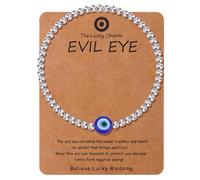 BOXOB Evil Eye Bracelet, Beaded Protection Jewelry Good Luck Charm Bracelet with Blessing Card for Men & Women, Silver