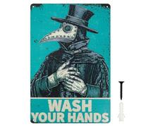BOXOB Funny Wash Your Hands Wall Art, Goth Plague Doctor Vintage Metal Tin Sign 12x8 Inch Retro Home Room Bathroom Office Bar Decor for Halloween Gothic Lover Gift
