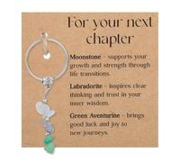 BOXOB Natural Crystal Keychain Gift, Good Luck Charm Key Ring Chain with Moonstone Labradorite Green Aventurine for Women & Men Perfect Retirement Keyring (For Your Next Chapter)
