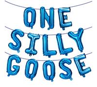 BOXOB One Silly Goose Balloon, Aluminum Film Farm Animal Theme Balloon Garland with Ribbon Goose 1st Birthday Party Decorations for Boy and Girl (Blue)