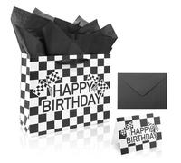 BOXOB Race Car Party Favors Bags, Happy Birthday Racing Gift Bag with Greeting Card Envelope Snow Pear Paper Black and White Checkered Racing Car Theme Birthday Party Supplies for Kids Adults