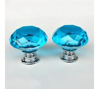 Boxonly 2Pcs Lake Blue Crystal Cabinet Door Knobs 40mm Cupboard Dresser Drawer Flat Diamond Pull Handles with M4x22mm Screws