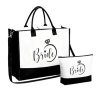 boxoon 2 Pcs Bride Canvas Tote Bag Set, 16.9 in Large Bag and 9.8 in Makeup Pouch with Zipper, Wedding and Bridal Shower Accessories, Black and White Fabric Shoulder Bag for Travel and Storage