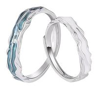 boxoon 925 Sterling Silver Couple Wedding Bands, Adjustable Size, Blue and Silver Two Tone Design with Wave Texture, Matching Men’s and Women’s Rings, Present Box Included