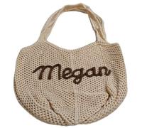 boxoon Personalized Crochet Beach Bag, Custom Name Woven Tote with Embroidery, Hollow Mesh Knit Shoulder Bag for Seasonal Seaside Vacation, Beige Large Capacity Boho Purse for Daily Leisure