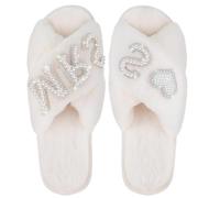 boxoon White Pearl Letter Fuzzy Bride Slippers, Open Toe Mrs. Slippers, Ideal For Bridal Showers And Wedding Gifts, Size 38-39